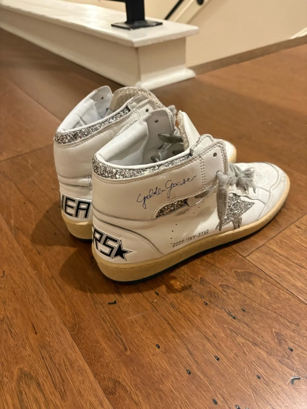 Golden Goose White High-Top Sneakers with Silver Glitter Star. Worn 2 times. - Picture 3 of 3